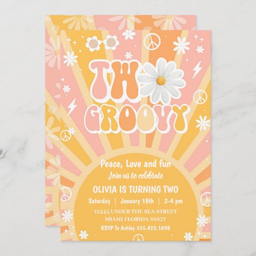 Groovy 2nd Birthday Pink Daisy Rainbow  Birthday Invitation