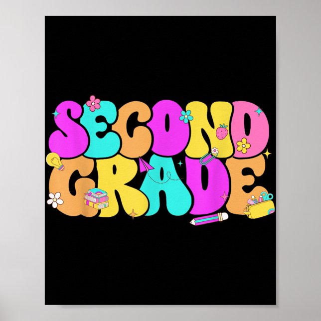 Groovy 2nd Second Grade Back To School Pencil Flor Poster (Front)