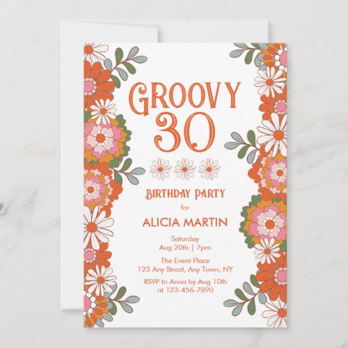Groovy 30 Classic Hippie Flora Leaf Birthday Invitation