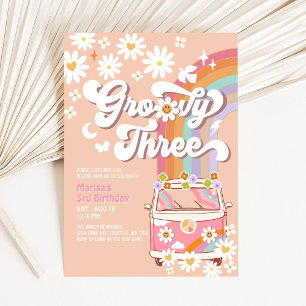 Groovy 3rd Pink Daisy Rainbow Hippie Birthday Invitation