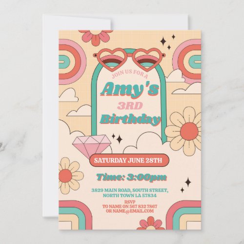 Groovy 3rd Pink Girls Retro Vintage 1970s Party Invitation