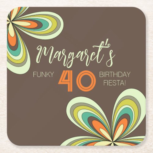 Groovy 40th Birthday Party 70s Hippie Flower  Square Paper Coaster