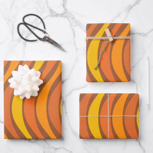 Groovy 60s 70s Abstract Wavy Lines Orange Brown Wrapping Paper Sheets