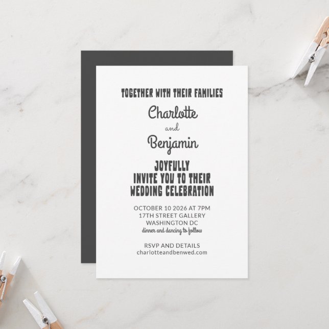 Groovy 60s 70s  Black Retro Typography Wedding  Invitation (Front/Back In Situ)