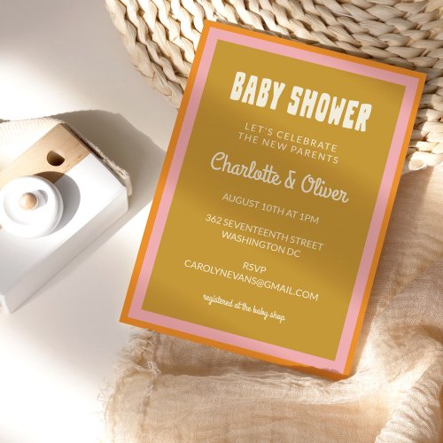 Groovy 60s 70s Colorful Pink Mustard Baby Shower Invitation