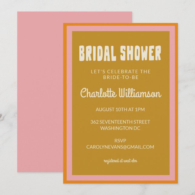 Groovy 60s 70s Colorful Pink Mustard Bridal Shower Invitation (Front/Back)