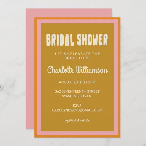 Groovy 60s 70s Colorful Pink Mustard Bridal Shower Invitation