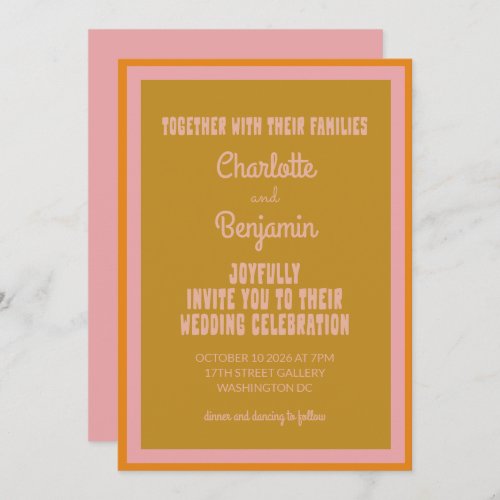 Groovy 60s 70s Colorful Pink Mustard Wedding Invitation