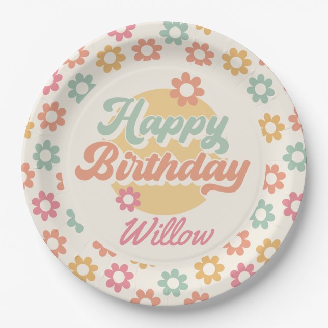 Groovy 60's 70's Flowers Birthday Party, Any Age Paper Plates (Front)