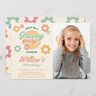 Groovy 60's 70's Flowers Photo Birthday, Any Age Invitation
