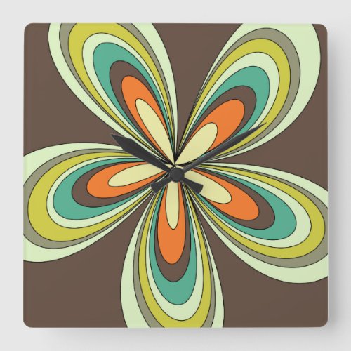 Groovy 60s 70s Hippie Flower Brown Retro Daisy  Square Wall Clock
