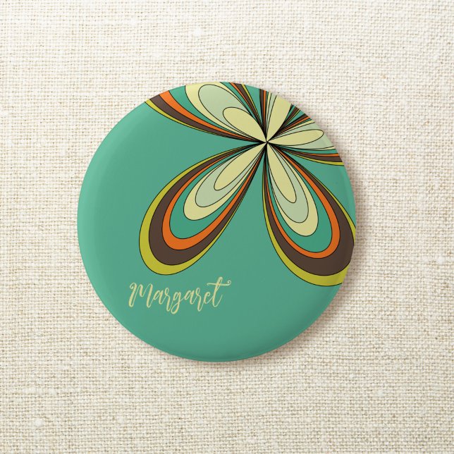 Groovy 60s 70s Hippie Flower Turquoise Daisy Name Button (Creator Uploaded)