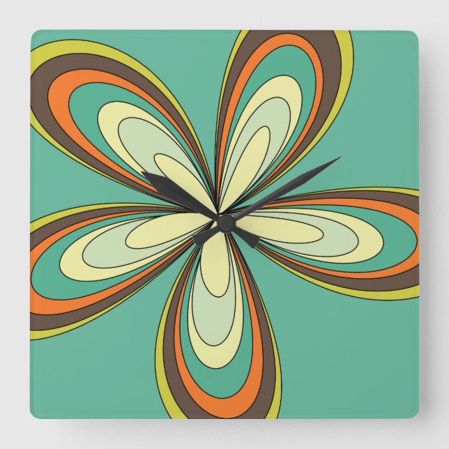 Groovy 60s 70s Hippie Flower Turquoise Retro Daisy Square Wall Clock (Front)