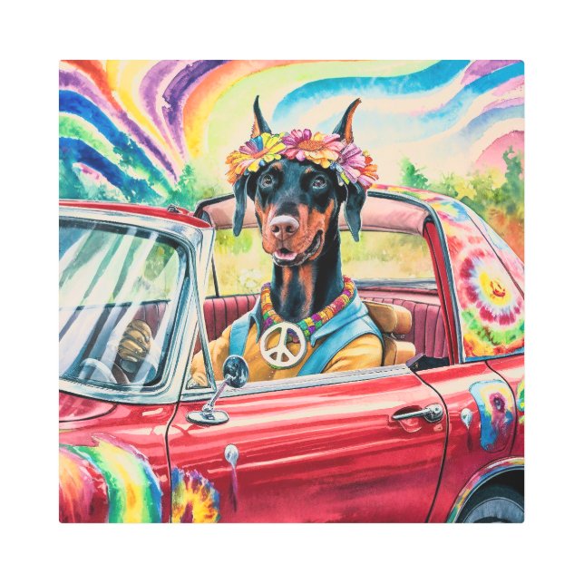 Groovy 60s Dobermann in Red Convertible Metal Print (Front)