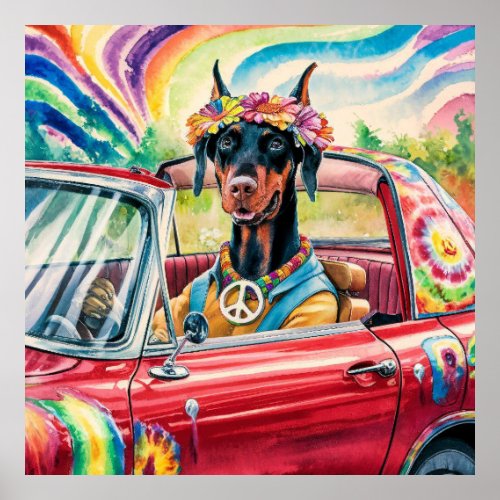 Groovy 60s Dobermann in Red Convertible Poster