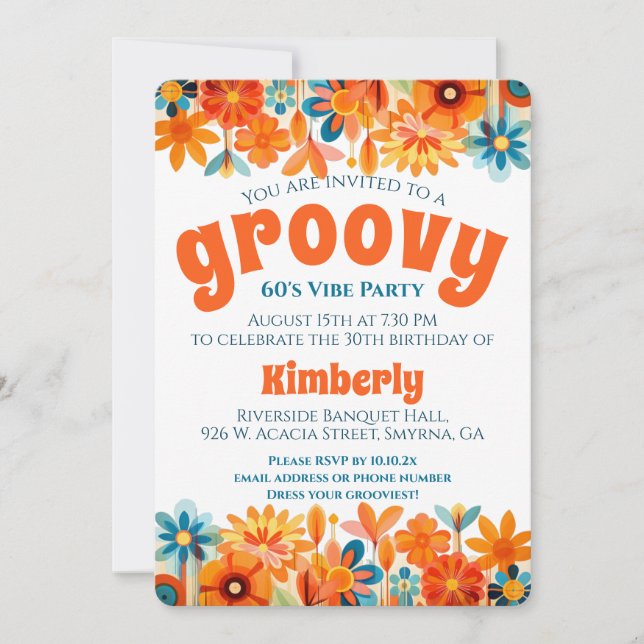 Groovy 60's Vibe Floral Retro Birthday Invitation (Front)