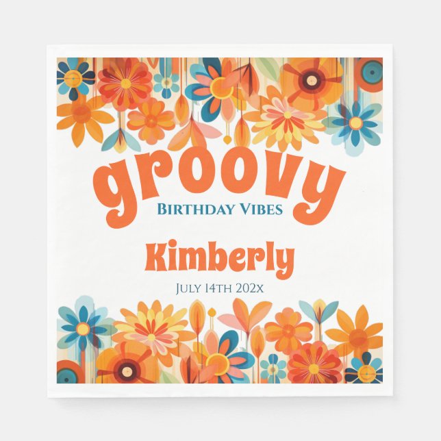 Groovy 60's Vibe Floral Retro Birthday Napkins (Front)