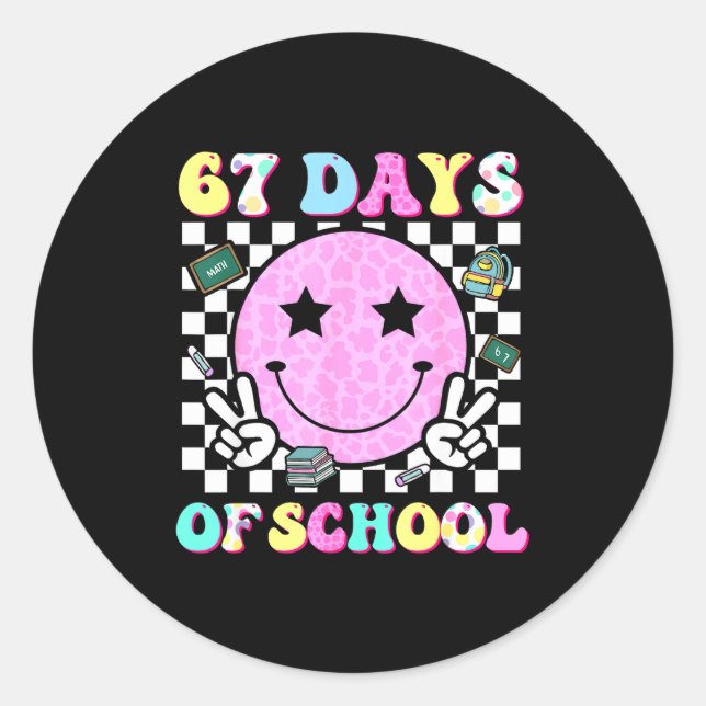 Groovy 67 Days Of School Smile Face Teacher Kids W Classic Round Sticker (Front)