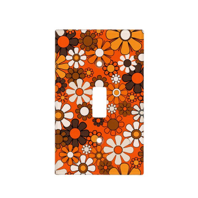 Groovy 70s Autumn Retro Floral Pattern Orange Light Switch Cover (Front)