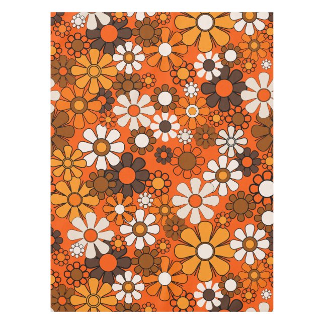 Groovy 70s Autumn Retro Floral Pattern Orange Tablecloth (Front)