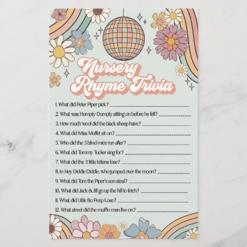 groovy 70s baby shower game nursery rhyme trivia