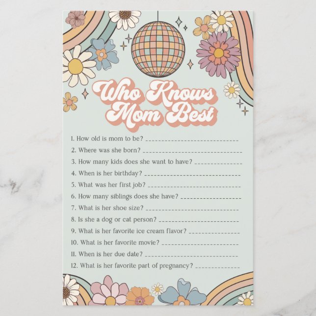 groovy 70s baby shower game who knows mom best (Front)