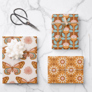 Groovy 70's Butterflies, Flowers and Geometric Wrapping Paper Sheets