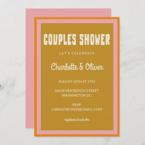 Groovy 70s Colorful Pink Mustard Couples Shower Invitation