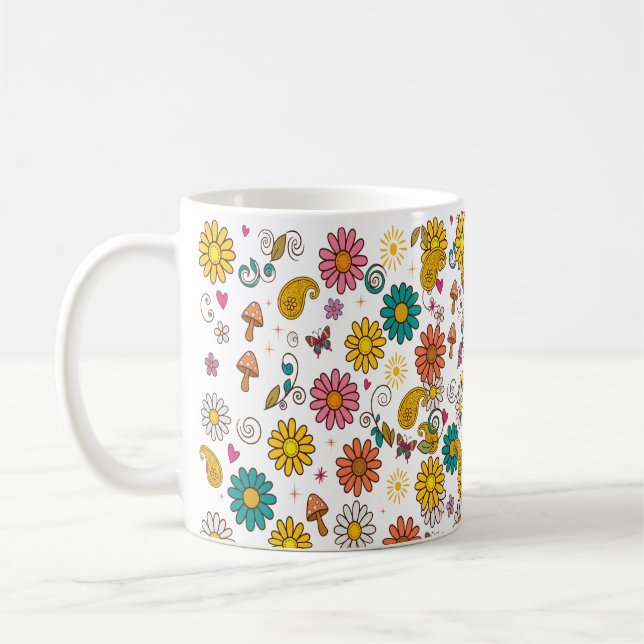 Groovy 70s Daisy Flower Power Pattern Coffee Mug (Left)