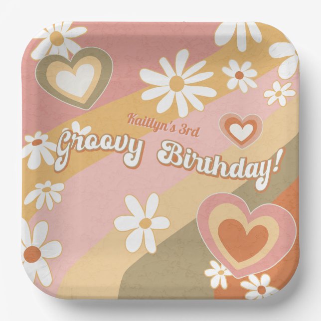 Groovy 70s Daisy Flowers Heart Rainbow Birthday Paper Plates (Front)