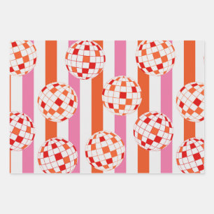 Groovy 70s Disco Balls on Pink and Orange Stripes Wrapping Paper Sheets