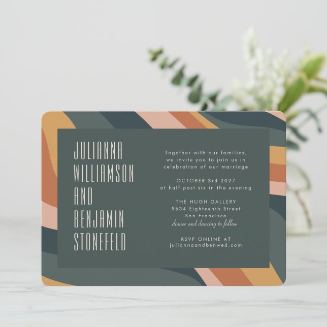 Groovy 70s Earthy Boho Abstract Stripes Wedding In Invitation (Standing Front)