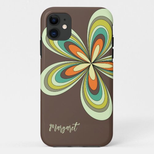 Groovy 70s Hippie Flower Brown Retro Daisy Name iPhone 11 Case