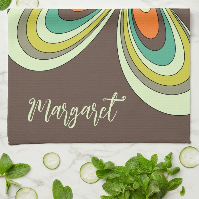 Groovy 70s Hippie Flower Brown Retro Daisy Name Kitchen Towel (Folded)