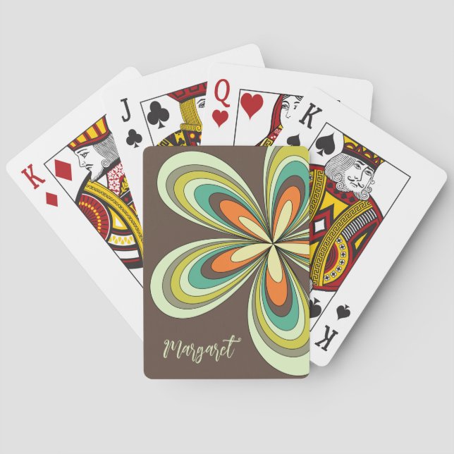 Groovy 70s Hippie Flower Brown Retro Daisy Name Poker Cards (Back)