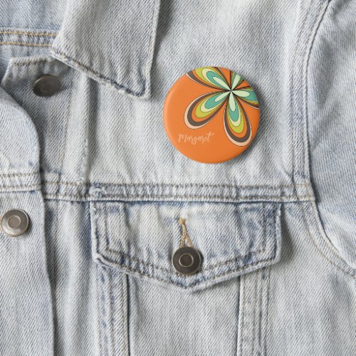 Groovy 70s Hippie Flower Orange Retro Daisy Name Button