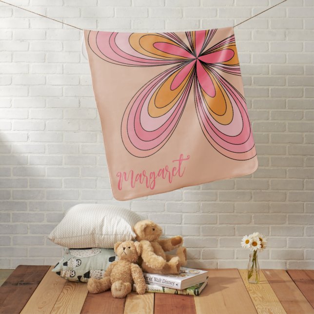 Groovy 70s Hippie Flower Peach Fuzz Daisy Name  Baby Blanket (In Situ)