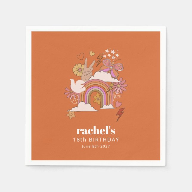 Groovy 70s Hippie Peace Orange Birthday Custom Napkins (Front)