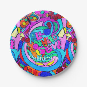 Groovy 70's hippie-style love peace flowers paper plates