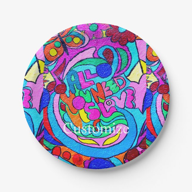 Groovy 70's hippie-style love peace flowers paper plates (Front)