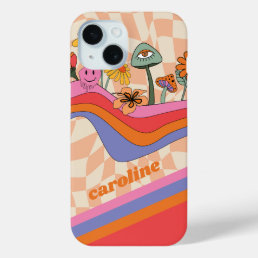 Groovy 70s Mushroom Flower Personalized Peach iPhone 15 Case