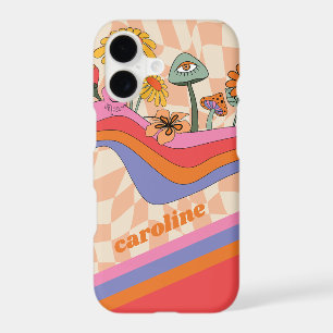 Groovy 70s Mushroom Flower Personalized Peach iPhone 17 Case