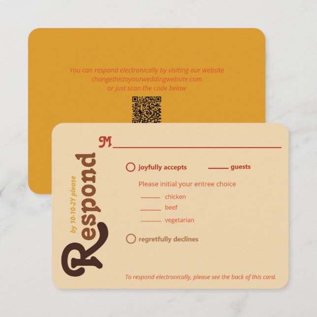 Groovy 70s Orange Brown Respond Please Wedding RSVP Card (Front/Back)