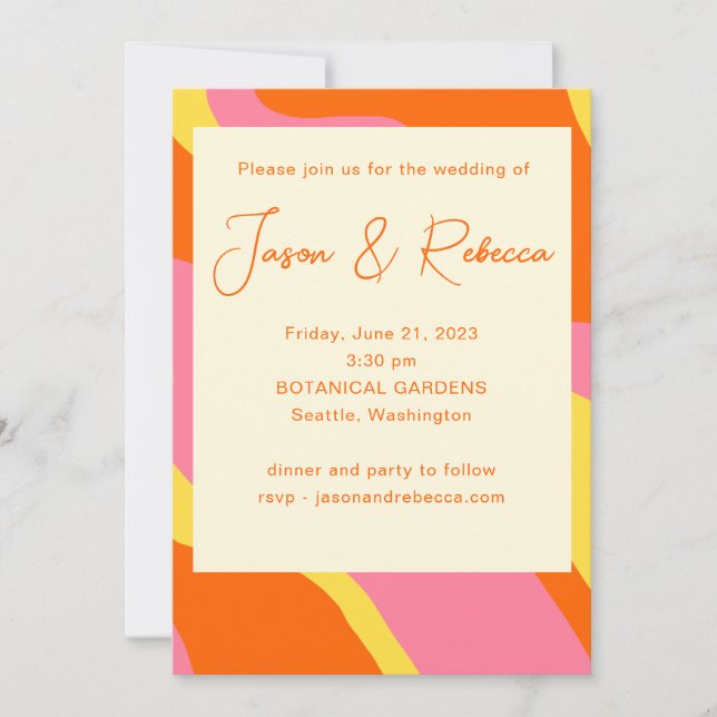 Groovy 70s Orange Pink All In One Budget Wedding  Invitation (Front)
