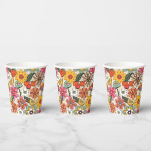 Groovy 70's, Orange, Pink, & Green Floral Paper Cups