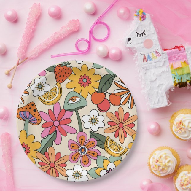 Groovy 70's, Orange, Pink, & Green Floral Paper Plates (Party)