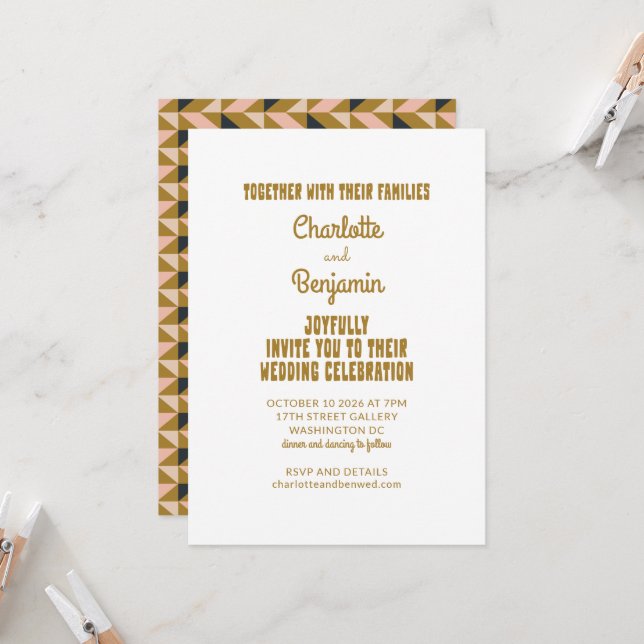Groovy 70s Pink Gold All-in-One Retro Wedding  Invitation (Front/Back In Situ)