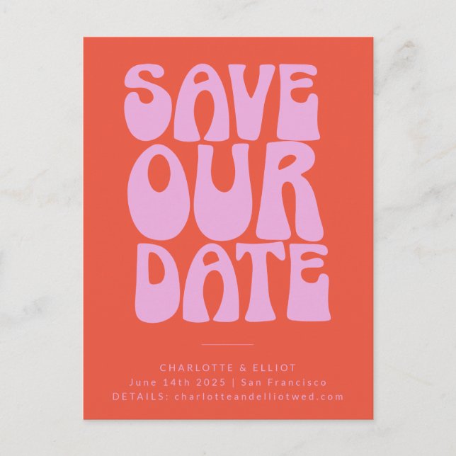Groovy 70s Pink Orange Simple Save The Date Postcard (Front)