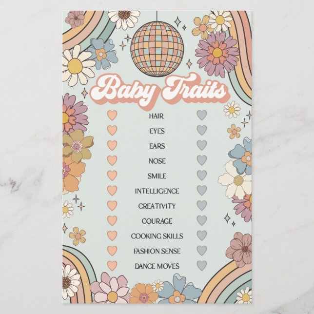 groovy 70s retro baby shower game baby traits (Front)