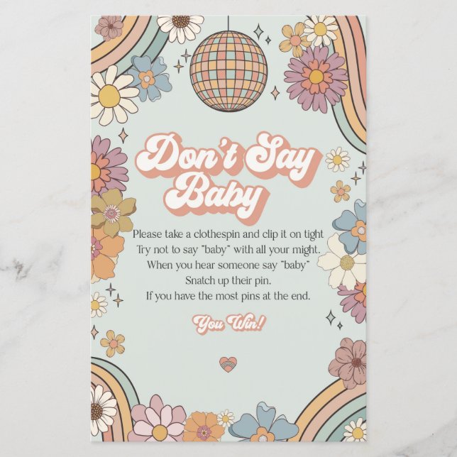 groovy 70s retro baby shower game don't say baby (Front)